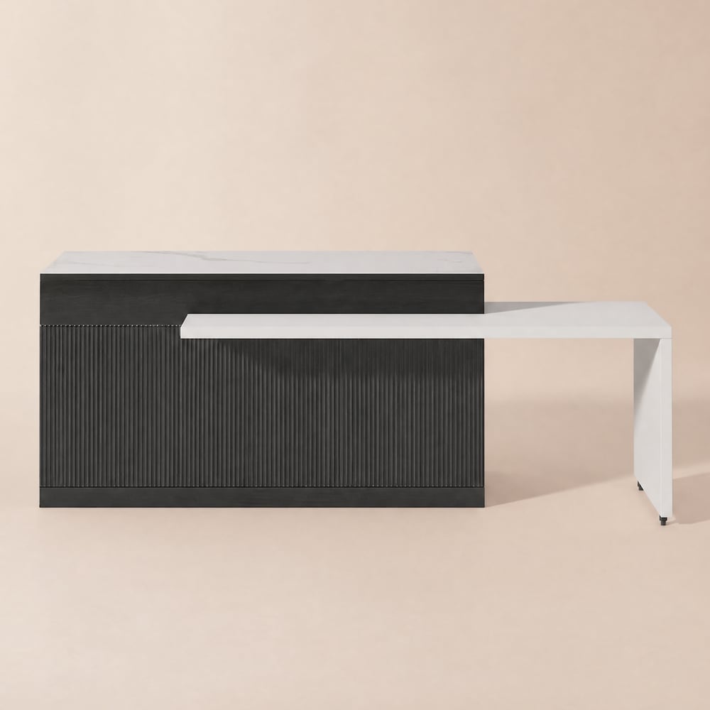 Îlot de cuisine extensible de 205 - 268 cm avec plan de travail en pierre frittée, portes et tiroirs noir et blanc image de fenêtre