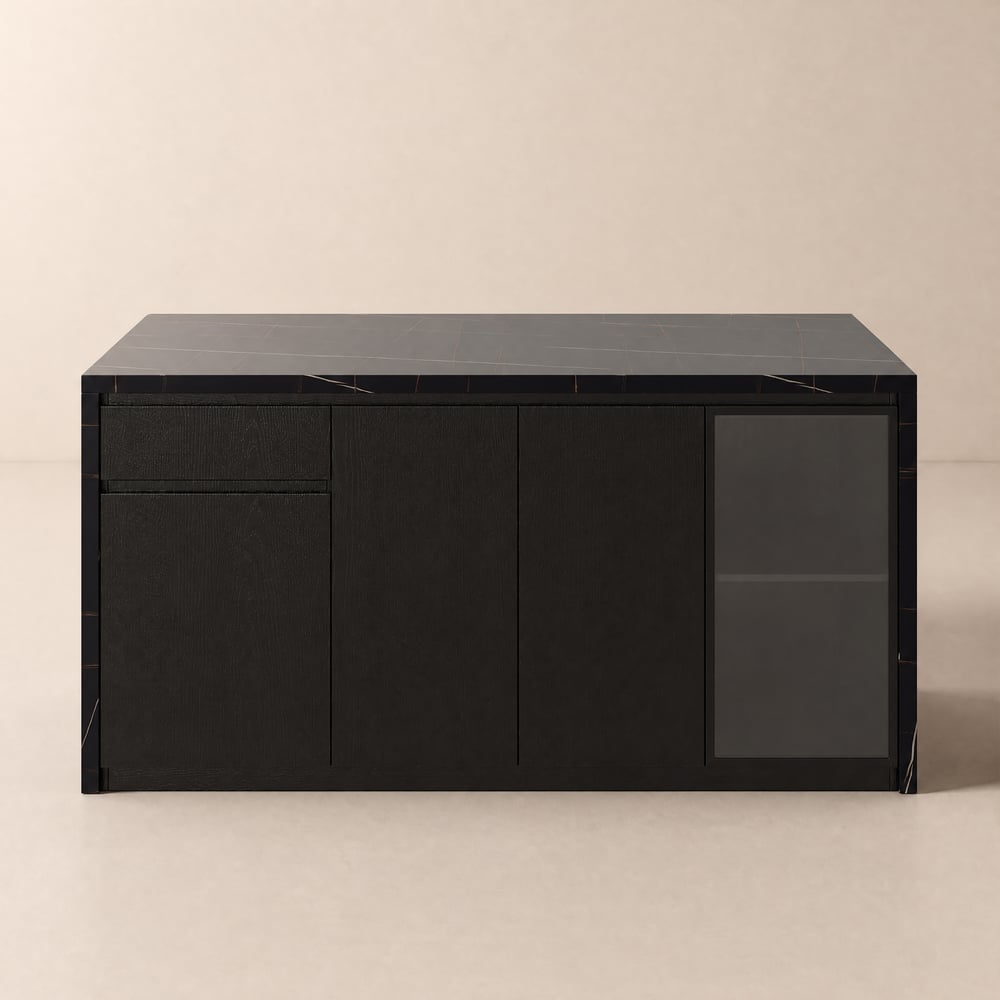 Modern 183 cm Black Kitchen Island with Storage & LED Light, Waterfall Edge window image