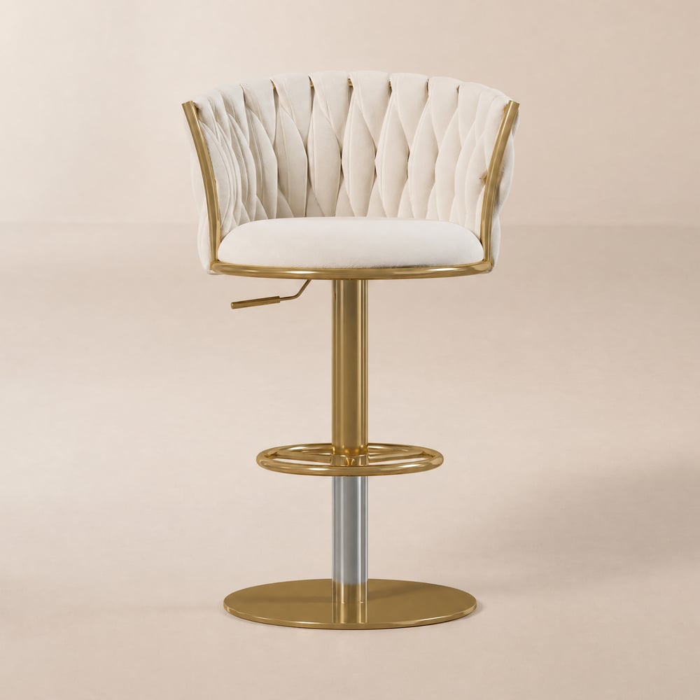 Taburete de bar moderno de terciopelo blanco cálido y dorado ajustable con giro, 2 piezas Imagen de ventana