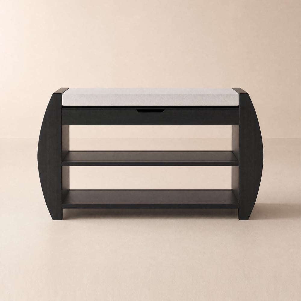 32'' Solid Wood Black Shoe Storage Entryway Bench with Shoe Rack window image