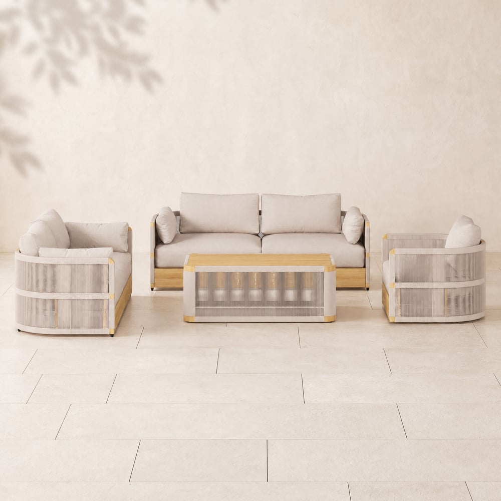 Costra 4-Piece Outdoor Rope Weave Swivel Sofa Set with Coffee Table in Ivory for 6 window image