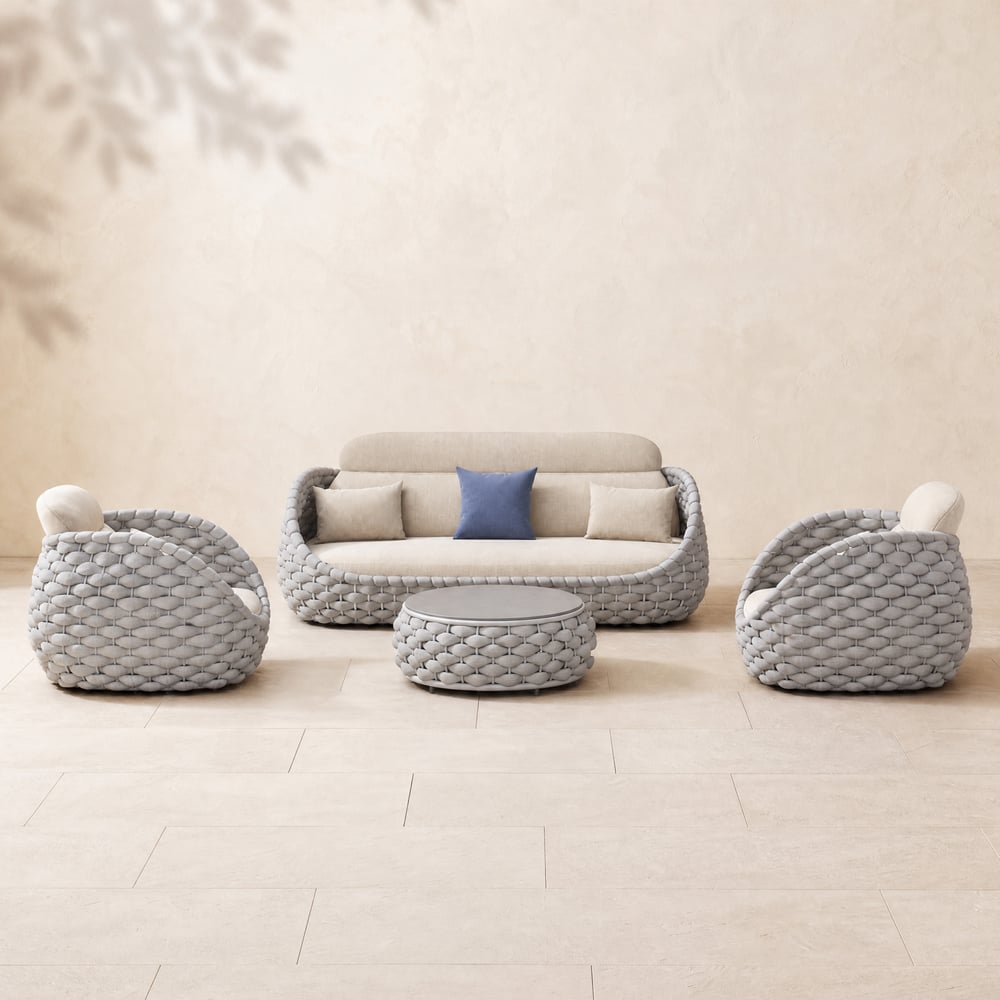 Cocaro 4-Piece Outdoor Rope Weave Sofa Set with Coffee Table in Gray & White window image