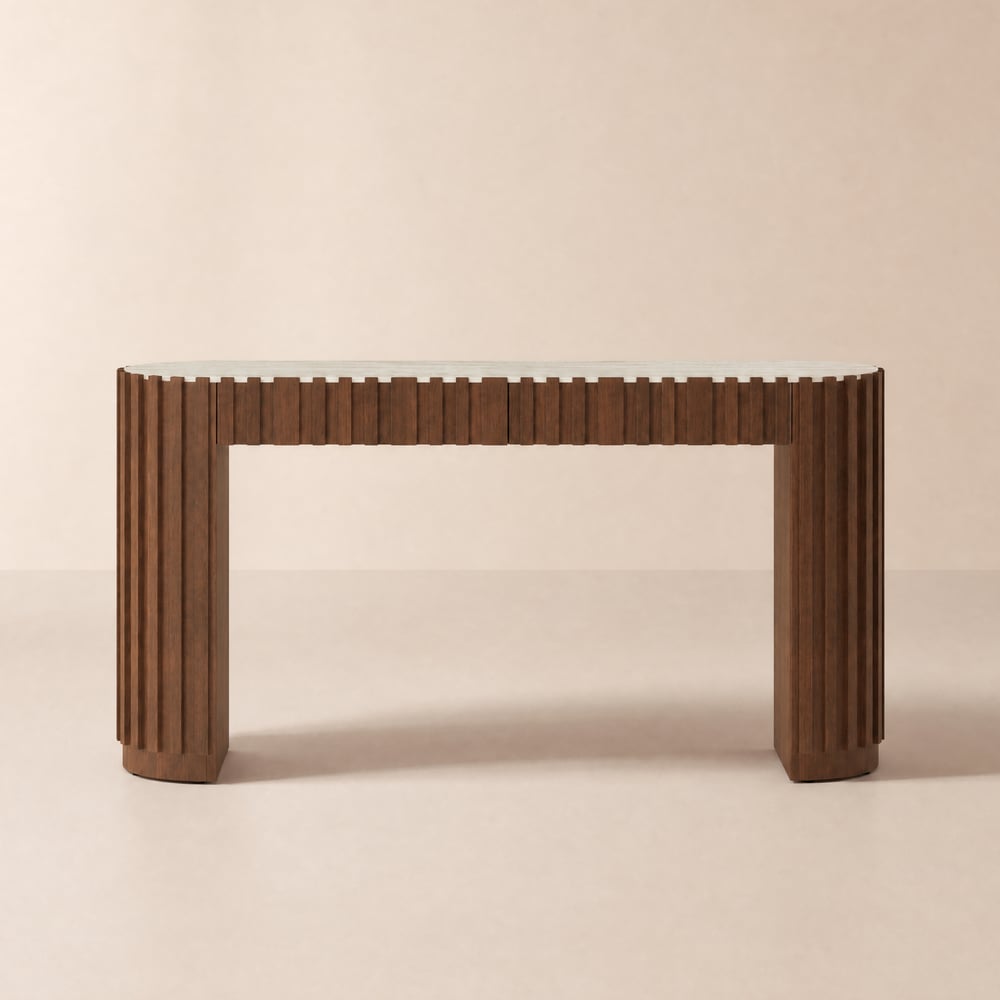 Aura 60" Ash Wood Fluted Walnut Console Table With Sintered Stone Top window image