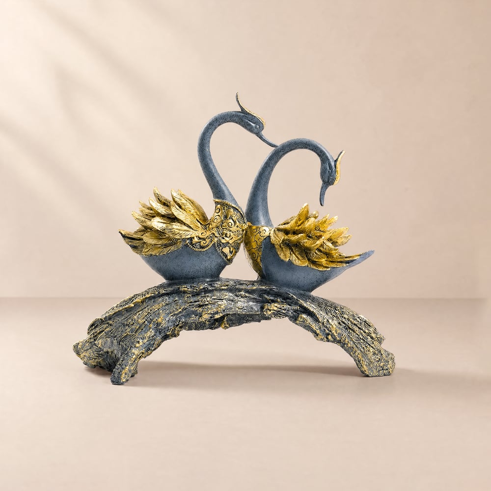 Escultura de cisne de pareja con simulación azul y dorada de 360 mm, adorno de mesa y estatua Imagen de ventana