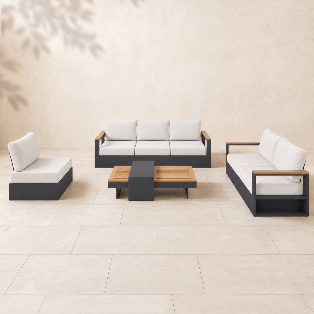 Tevara Convertible Outdoor Sectional Sofa Set with Teak & Aluminum Frame, Gray & White window image