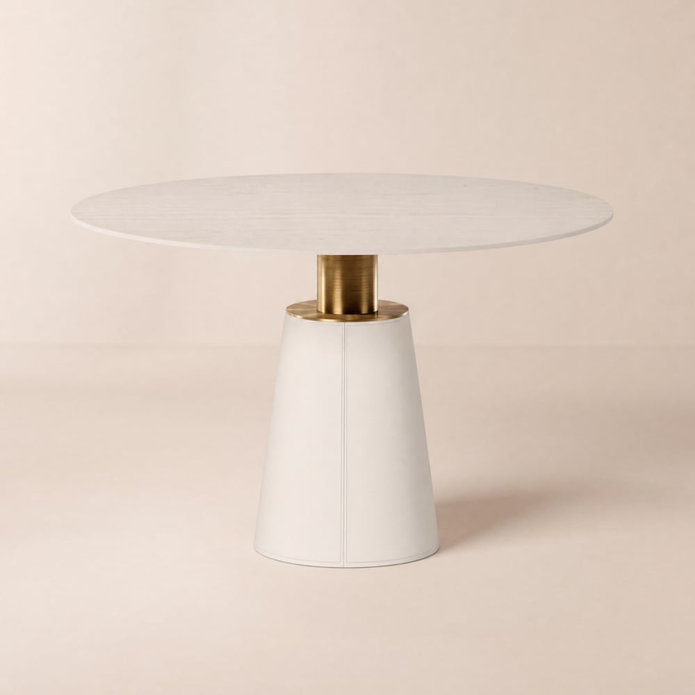 Modern 39" Round Faux Travertine Dining Table with Leather-Wrapped Base, Seats 2 window image