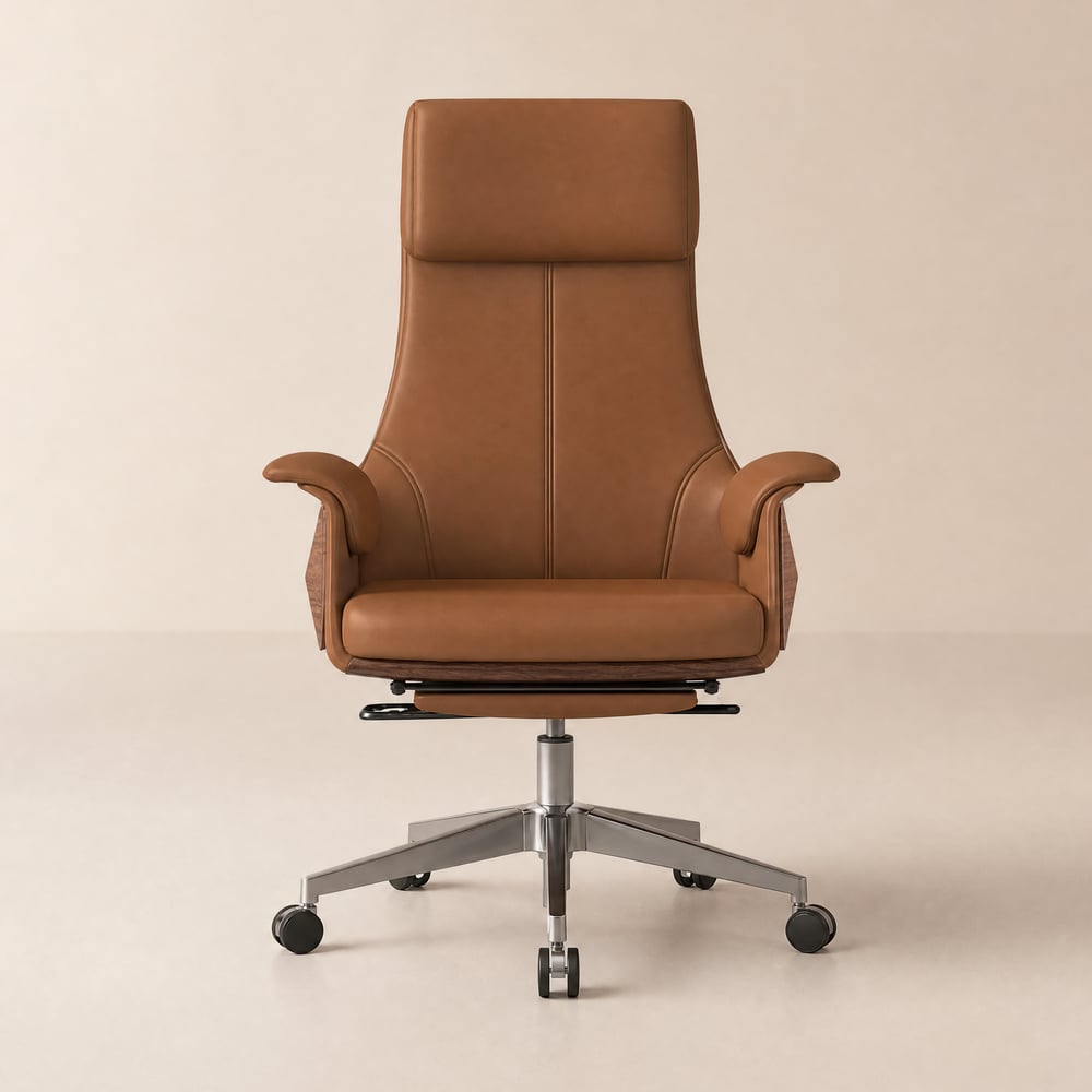Chaise de bureau ergonomique inclinable pivotante haut dossier en simili cuir marron avec repose-pieds image de fenêtre