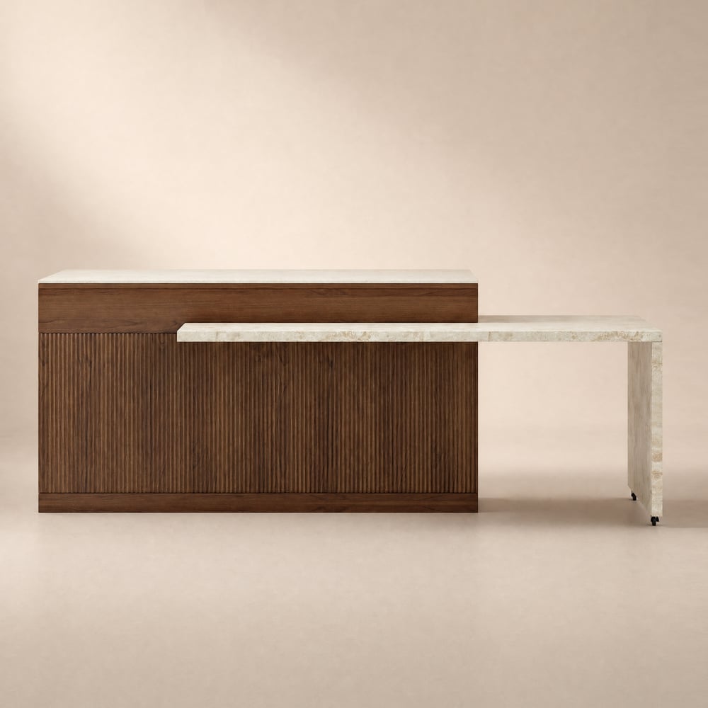 Isola da cucina allungabile in noce da 2050 mm-2680 mm con ante e cassetti con piano in marmo Immagine della finestra