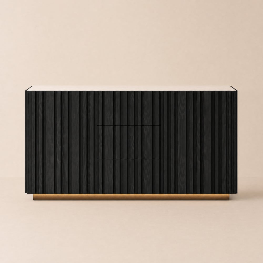 Aura 60" Black Faux Travertine Sideboard with Ash Wood Slatted Doors & LED Light window image