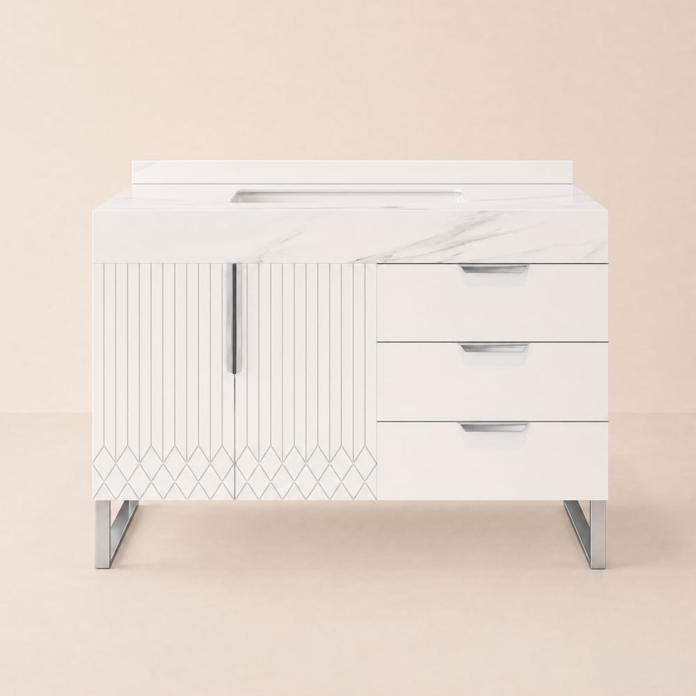 Aro 900 mm witte vrijstaande keramische wastafel badkamerkaptafel, kaptafel van imitatiemarmer Vensterafbeelding