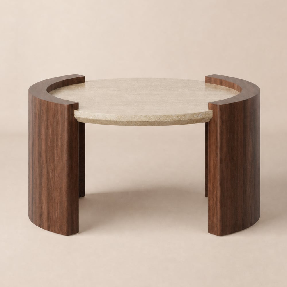 Table basse ronde en noyer de 28 pouces avec plateau en travertin image de fenêtre