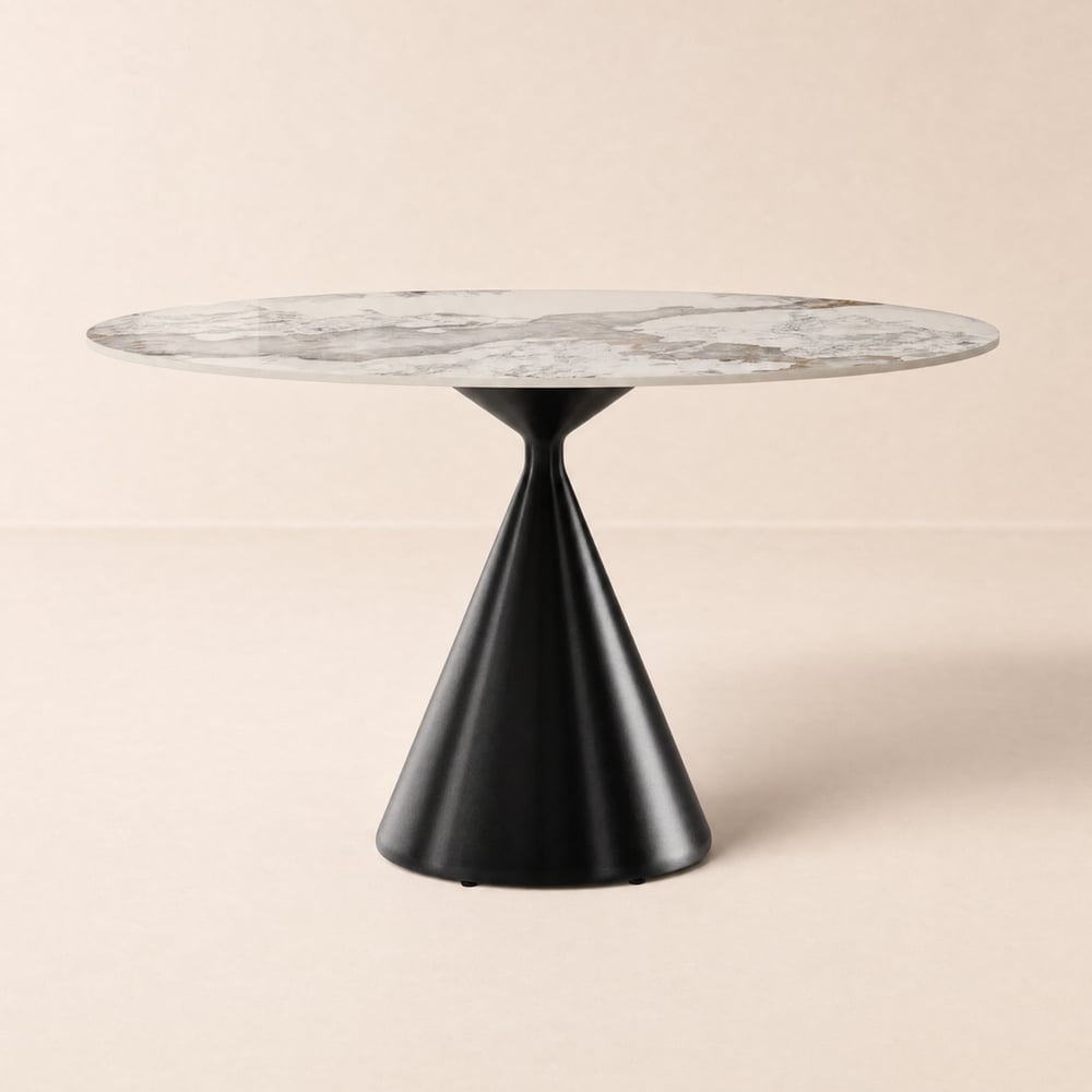 Table à manger ronde moderne 120 cm plateau pierre frittée brillante, pied central noir, pour 4 personnes image de fenêtre