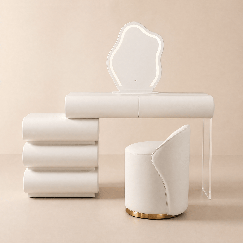 Humply White Leather Make-up Vanity Set with Mirror window image