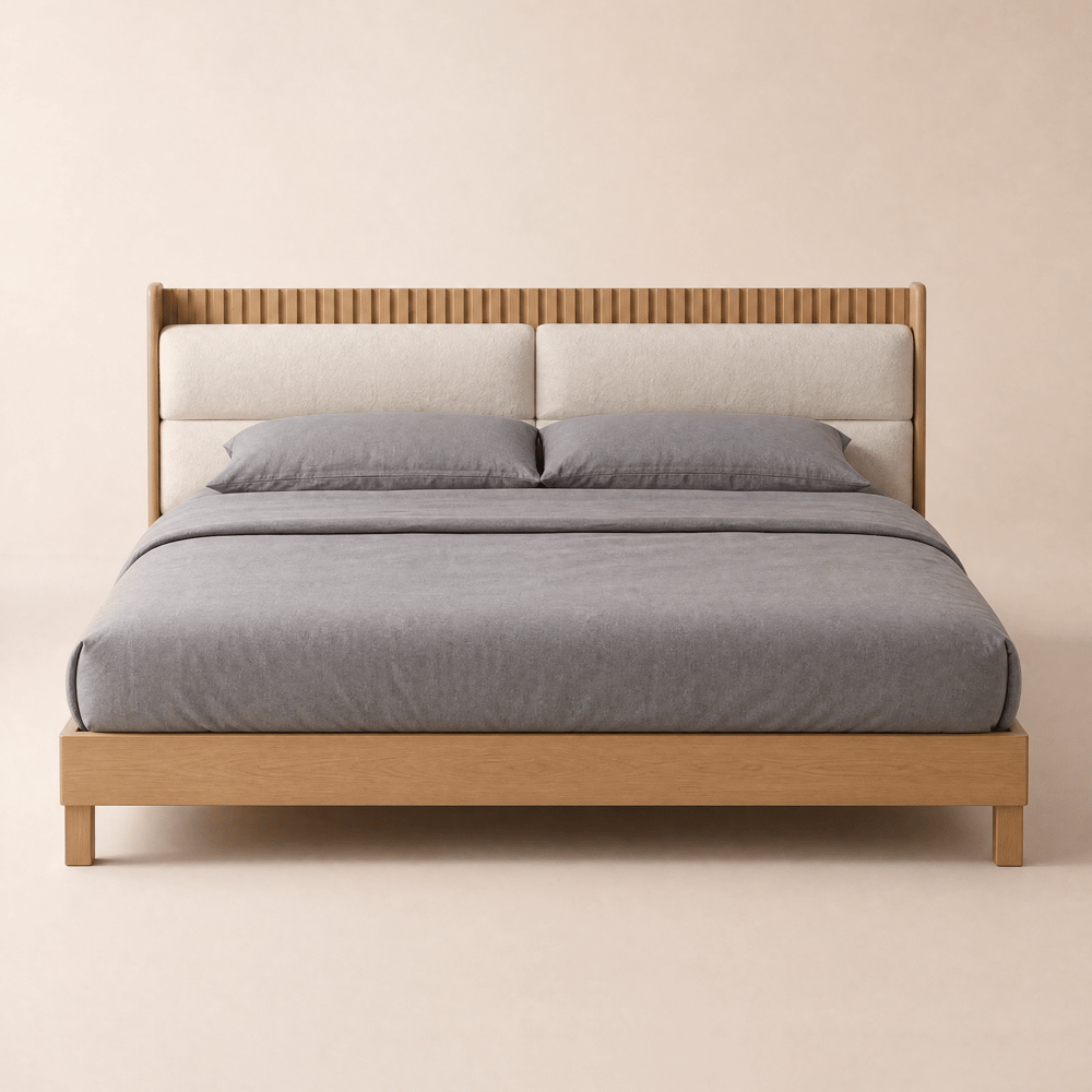 Modern Natural Queen Size Solid Wood Bed with Boucle Headboard Pillows window image