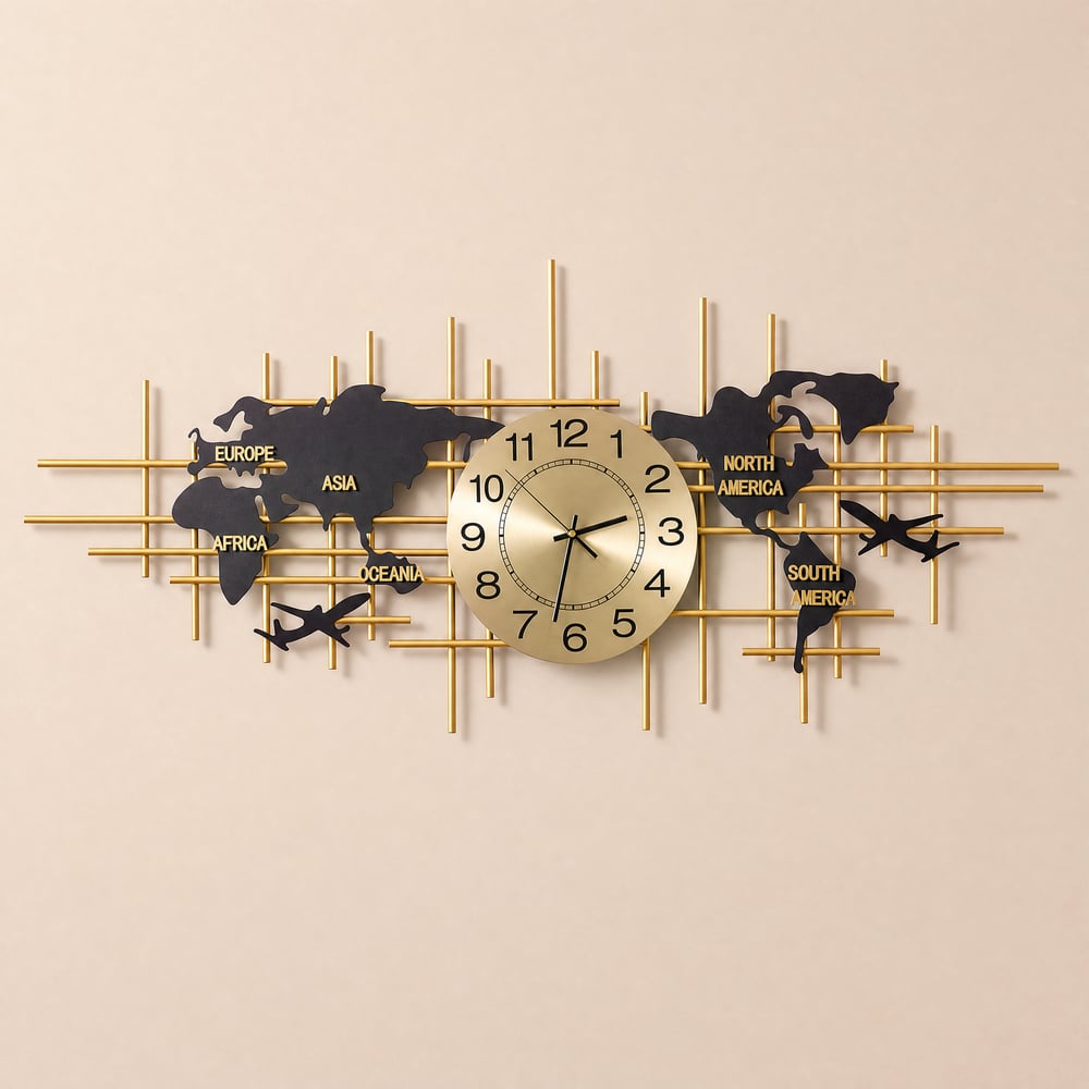 Orologio da parete in metallo ingrandito da 46" Decorazione mappa Orologi silenziosi creativi Arte per soggiorno Immagine della finestra