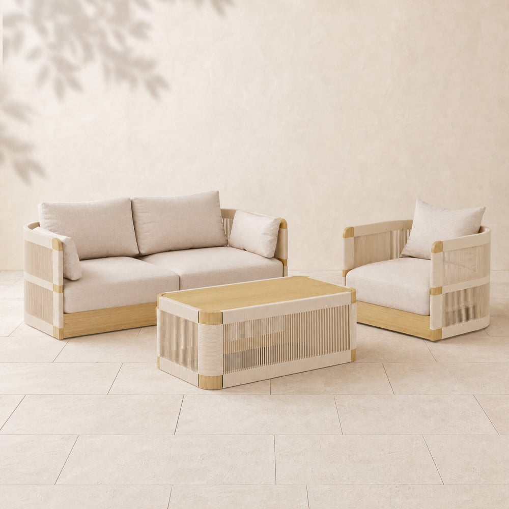 Costra 3-Piece Outdoor Rope Weave Swivel Sofa Set with Coffee Table in Ivory for 4 window image