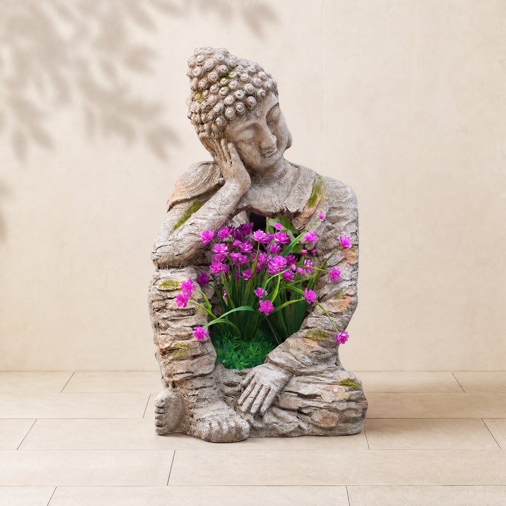Blumentopf-Dekoration, Blumentopf-Dekor für den Garten, Motiv: schlafender Buddha Schaufensterbilder