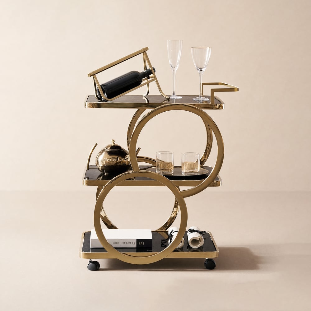 Rolling 3-Tier on Wheel Bar Cart with Handle in Black & Brushed Gold Style A window image