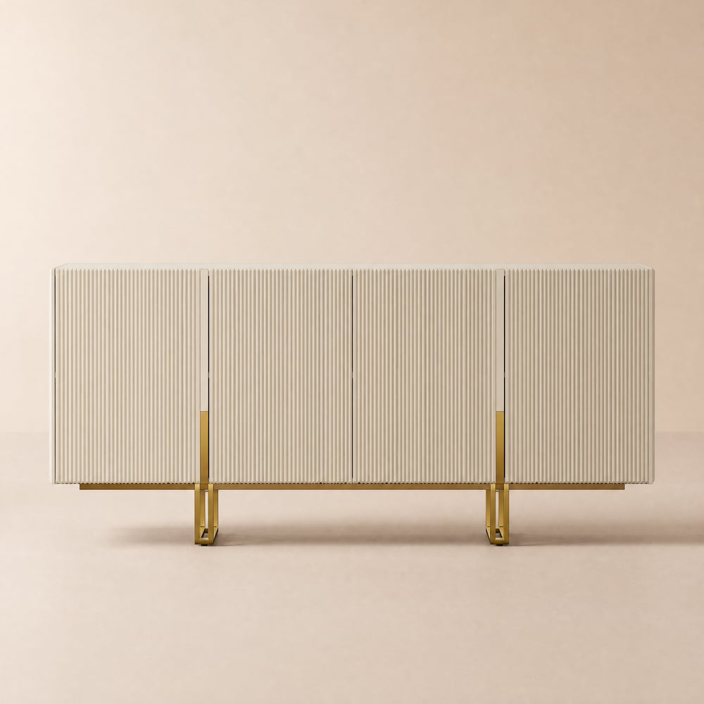 Buffet Grovyn 160 cm en pierre frittée brillante ivoire avec détails cannelés et étagères réglables image de fenêtre