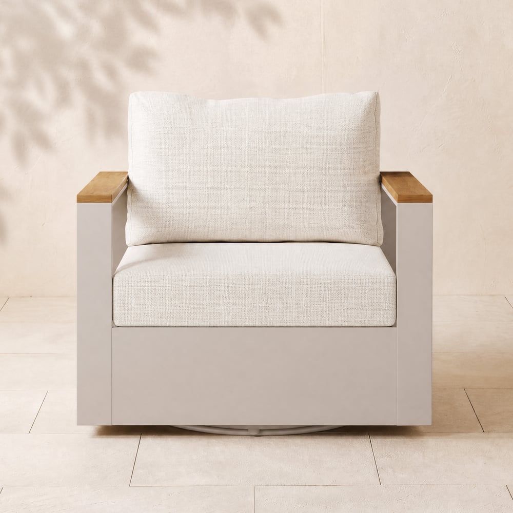 Sillón de jardín giratorio Tevara de madera de teca y aluminio con cojín - arena Imagen de ventana