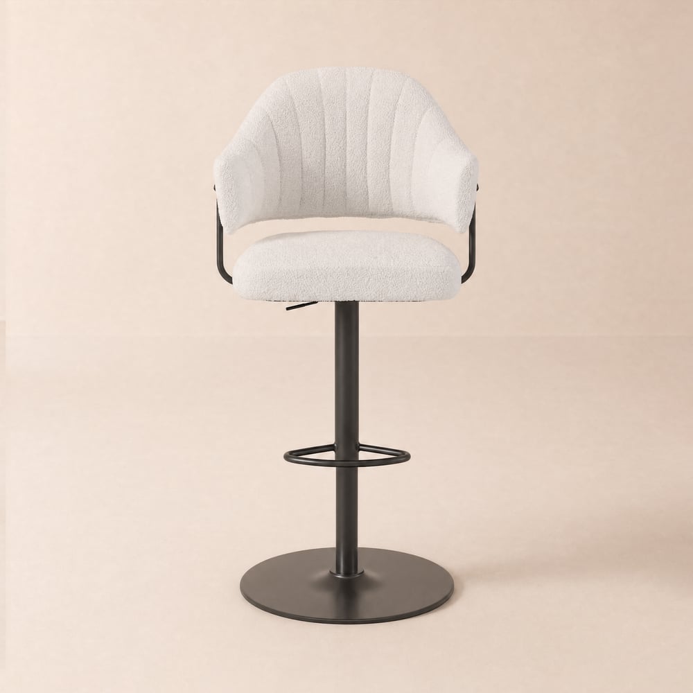 Tabouret de bar pivotant moderne en tissu bouclette blanc chaud avec réglage de la hauteur et piètement noir mat, lot de 1 image de fenêtre