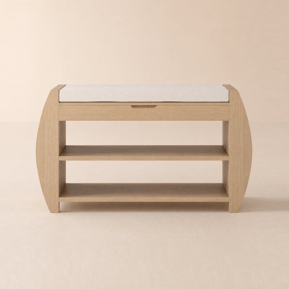 32'' Wood Veneer Whitewash Shoe Storage Entryway Bench with Shoe Rack window image