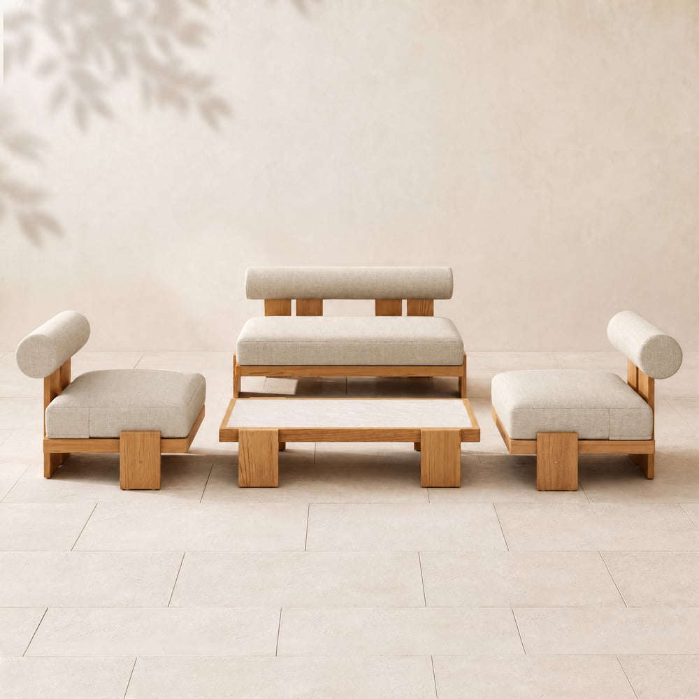 Set di divani da esterno in teak da 4 pezzi con tavolino da caffè Immagine della finestra
