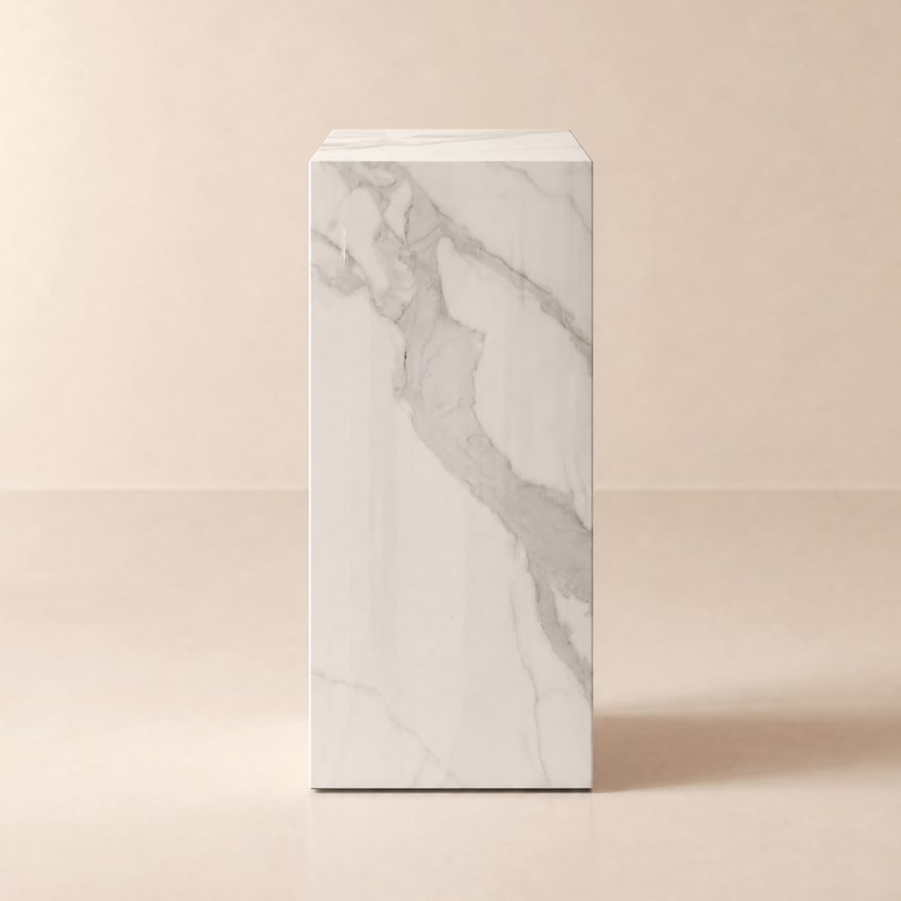 Suporte de planta e mesa lateral com pedestal de pedra sinterizada branca Imagem da janela