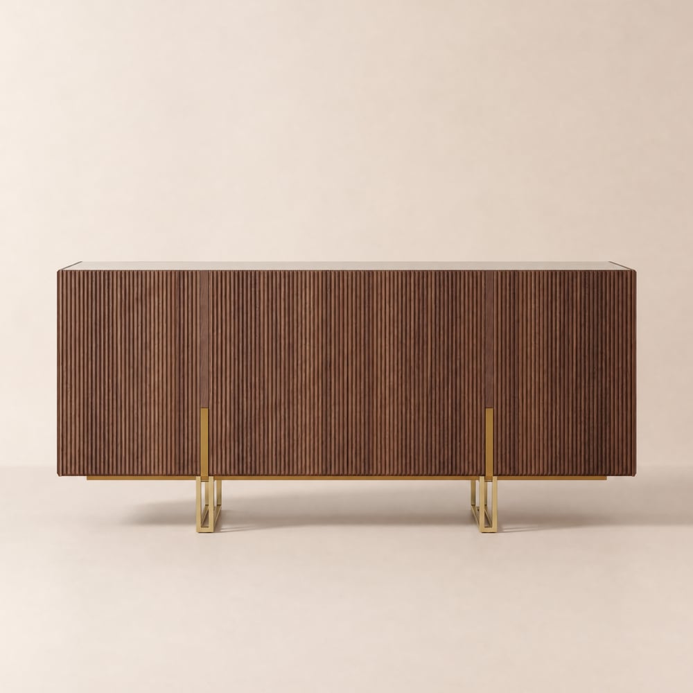 Grovyn 63" Walnut Matte Sintered Stone Sideboard with Fluted & Adjustable Shelves window image