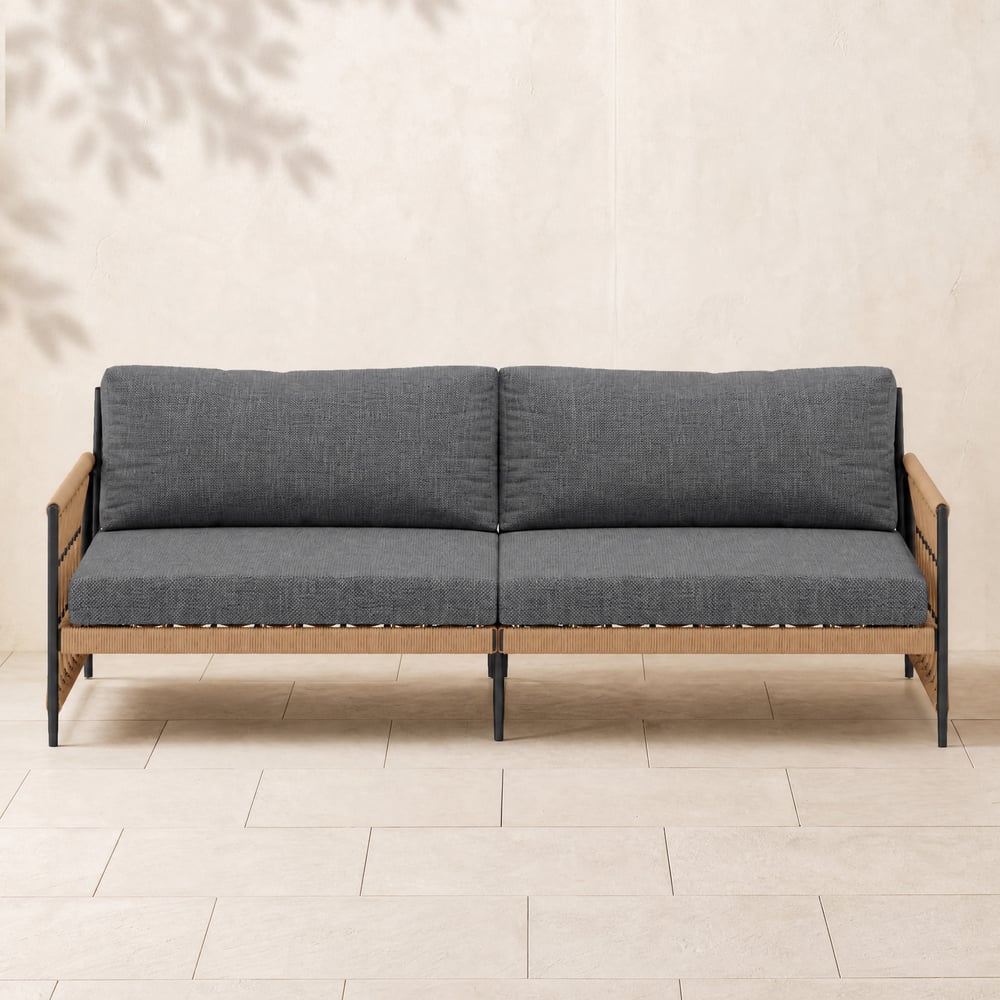 Divano da esterno in corda intrecciata Ropipe Divano a 3 posti con cuscino in poliestere grigio scuro Immagine della finestra
