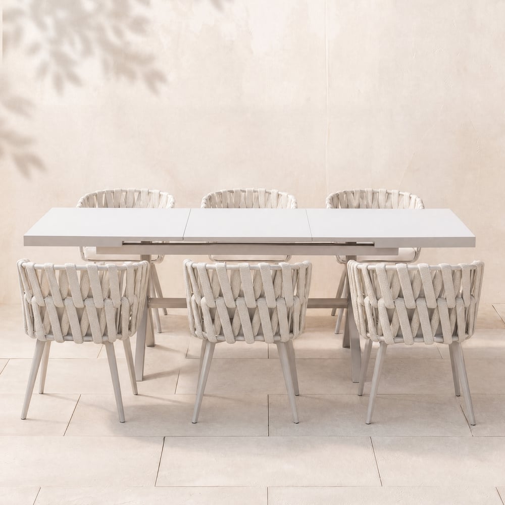 7-Piece Outdoor Extendable Dining Set with 6 Rope Weave Chairs in White(64"-84") window image