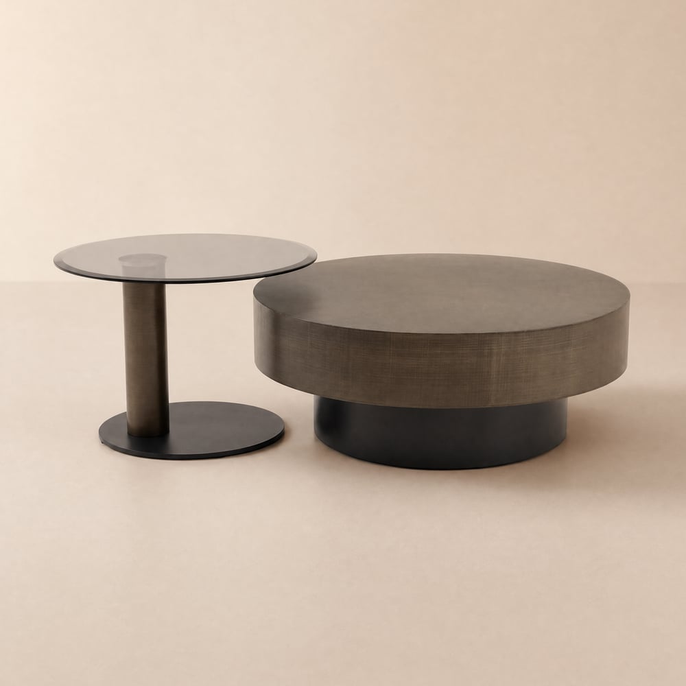 Modern 81 cm Rond Goud & Zwart 2-delige Nesting Salontafelset met gehard glazen blad Vensterafbeelding