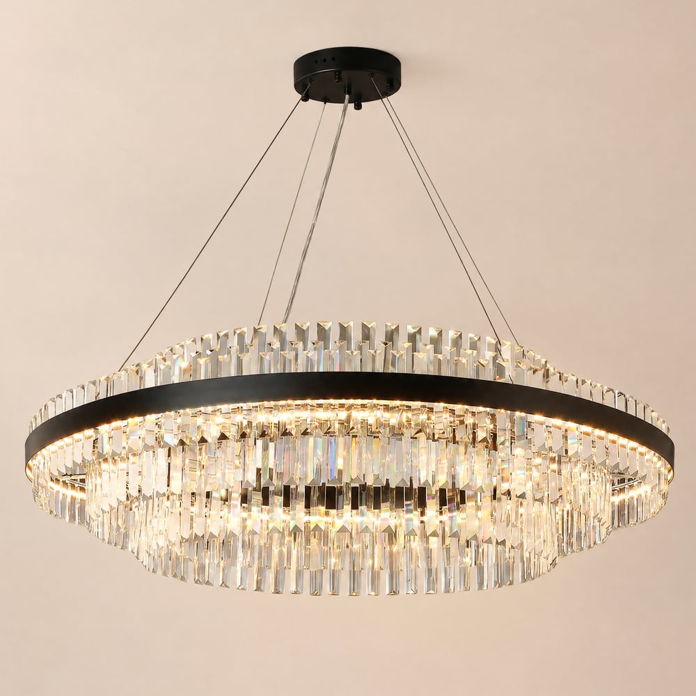 Candelabro LED moderno de cristal escalonado de Fixedo en luz negra Imagen de ventana