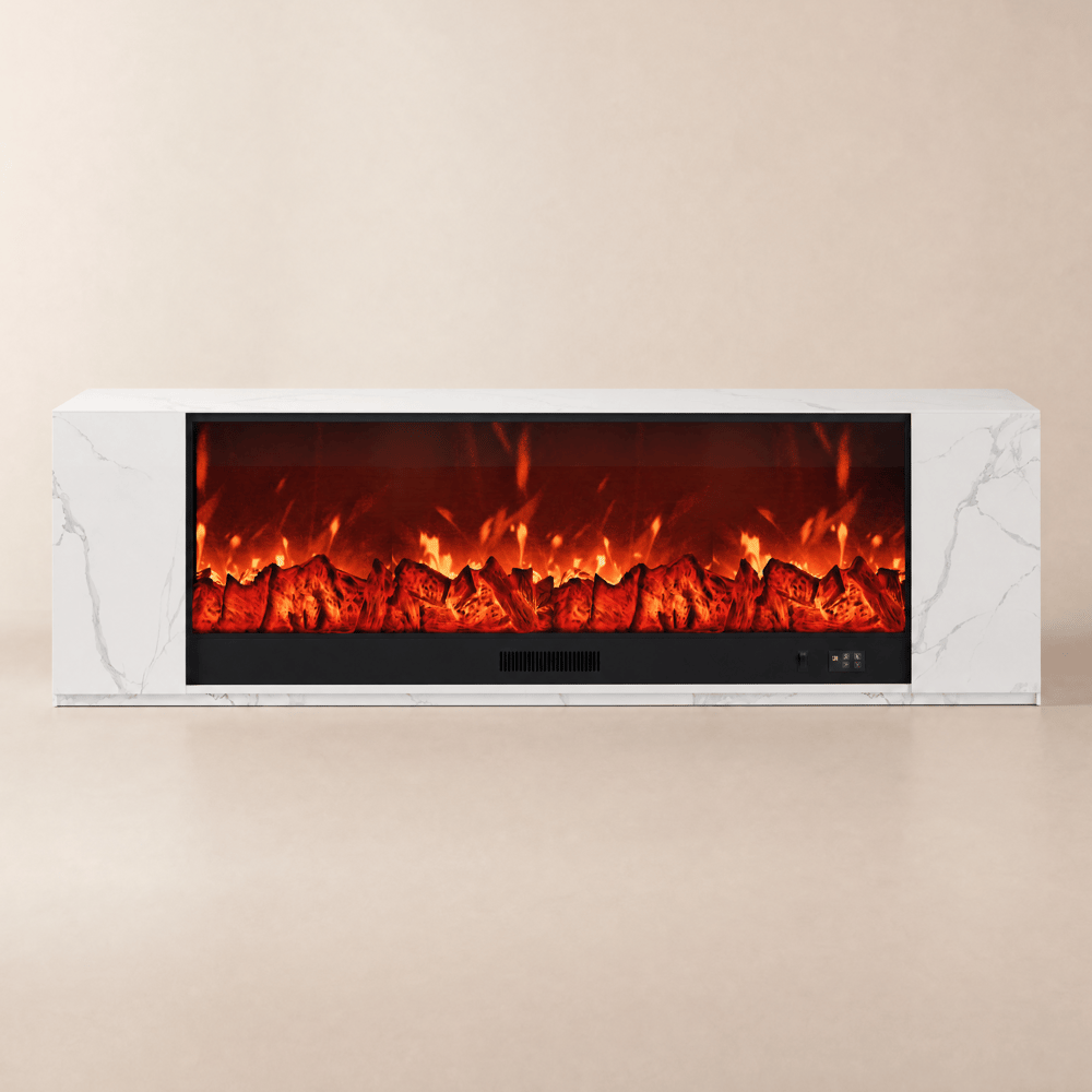 Meuble TV avec cheminée électrique 220 cm en pierre frittée avec télécommande image de fenêtre