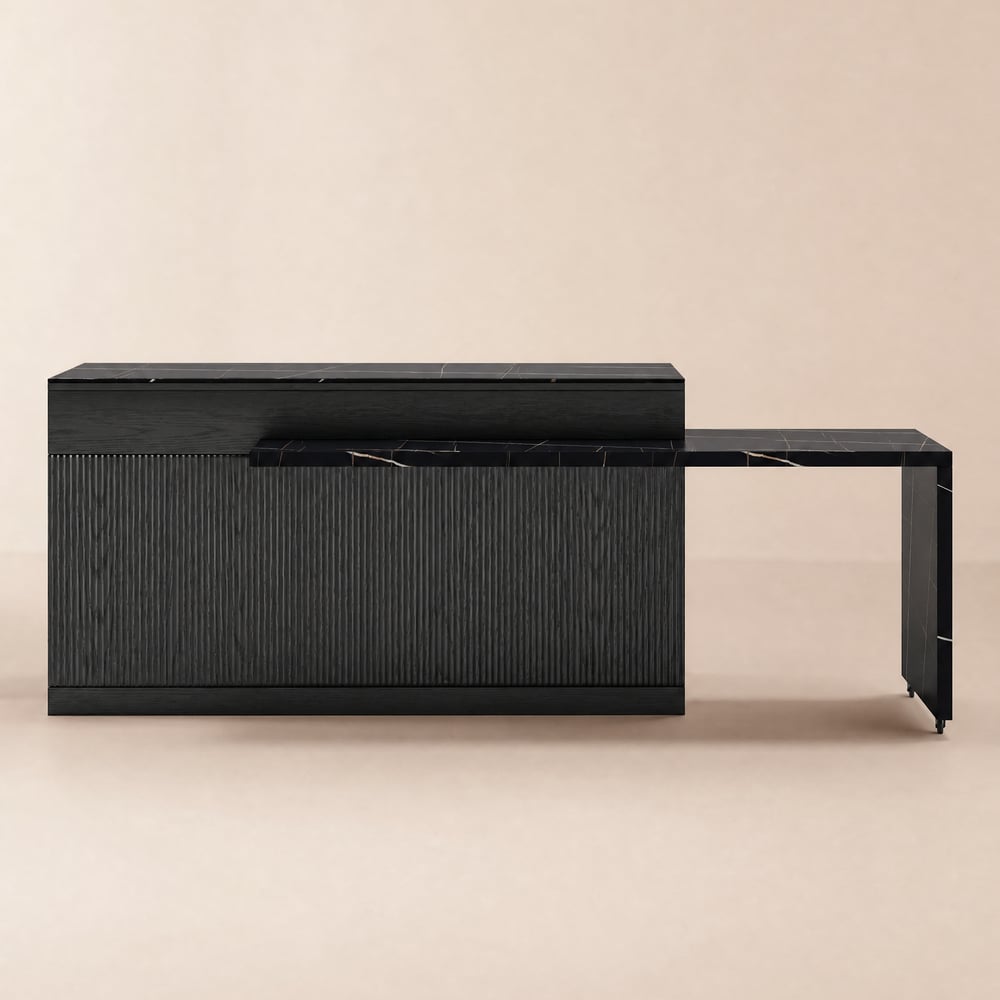 Îlot central de cuisine moderne extensible 205-268 cm avec plateau effet marbre noir et rangement image de fenêtre
