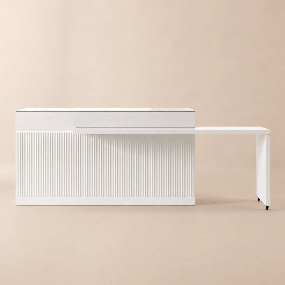 Îlot central de cuisine moderne extensible 205-284 cm avec plateau en pierre frittée blanc et rangement image de fenêtre