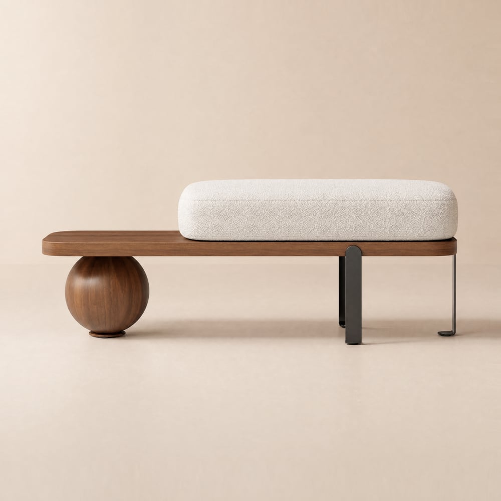 Banc en bois en noyer et noir avec revêtement en bouclé et pieds abstraits en métal image de fenêtre