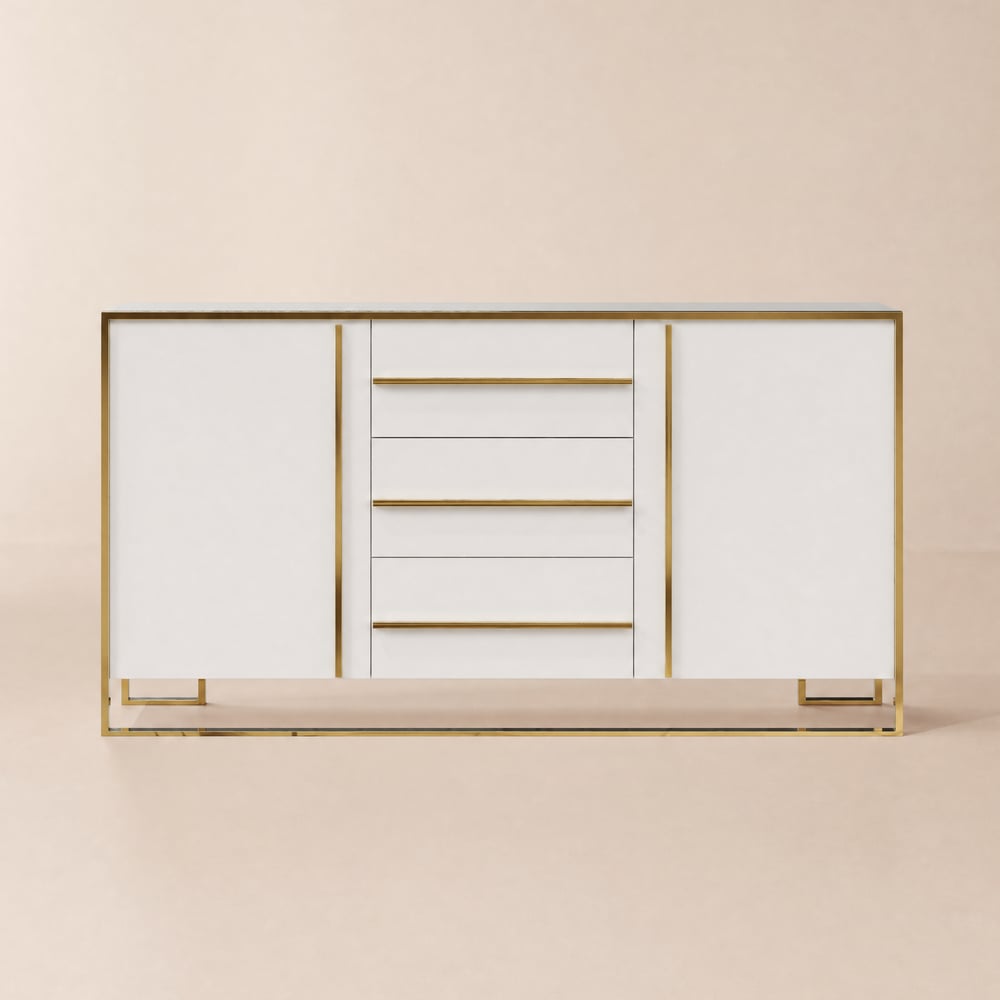 Buffet bas blanc Cylina de 150 cm avec 2 portes et 3 tiroirs image de fenêtre