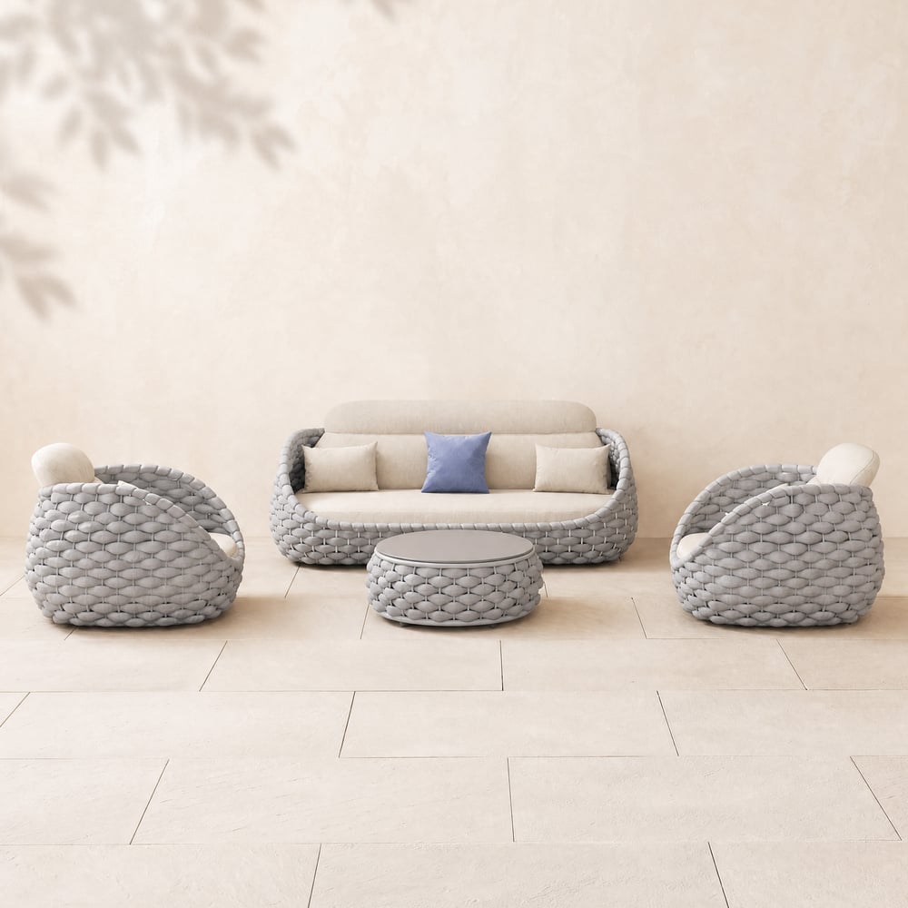 Cocaro 4-Piece Outdoor Rope Weave Swivel Sofa Set with Coffee Table in Grey & White window image