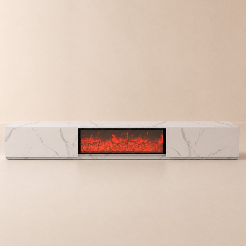 Modern tv-meubel met LED-vlameffect en 2 laden in marmerlook, 180 cm Vensterafbeelding