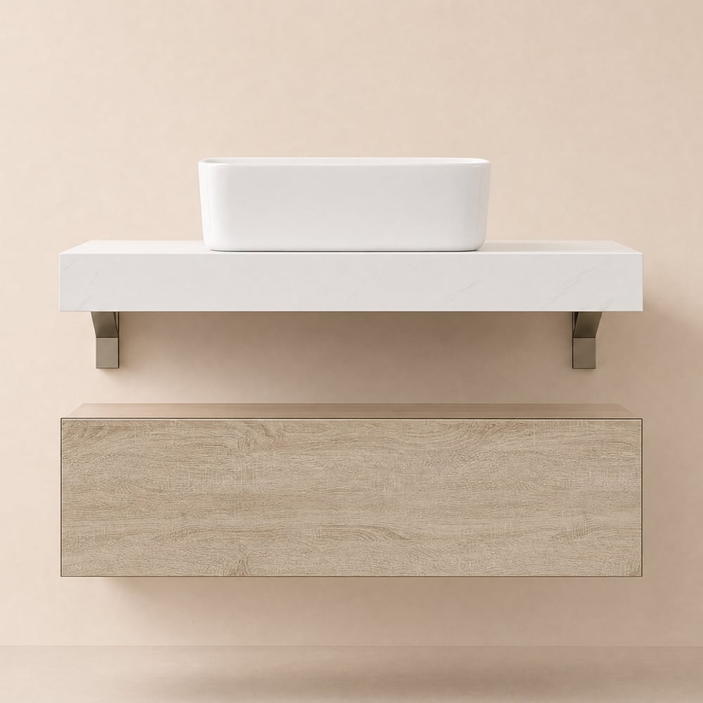 Meuble-lavabo simple flottant Modena de 99,8 cm avec lavabo, plan en pierre frittée image de fenêtre