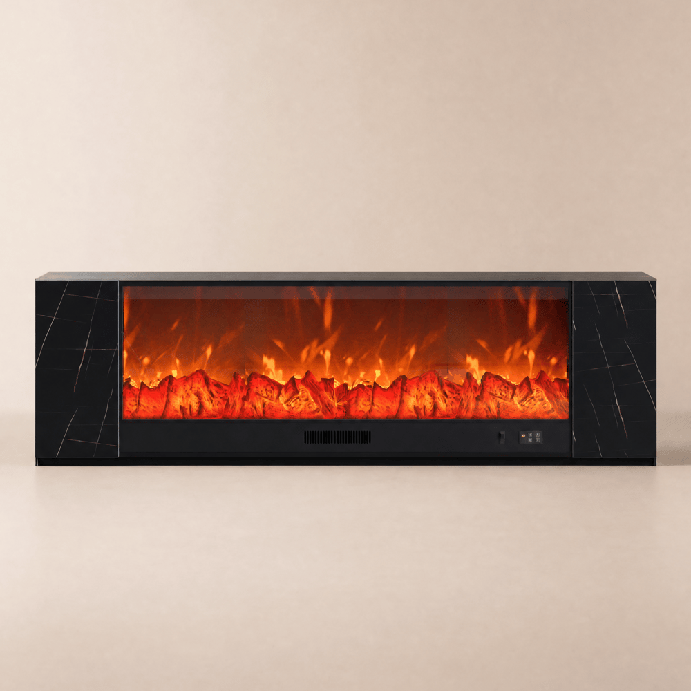 Meuble TV avec cheminée électrique 200 cm en pierre frittée avec télécommande image de fenêtre