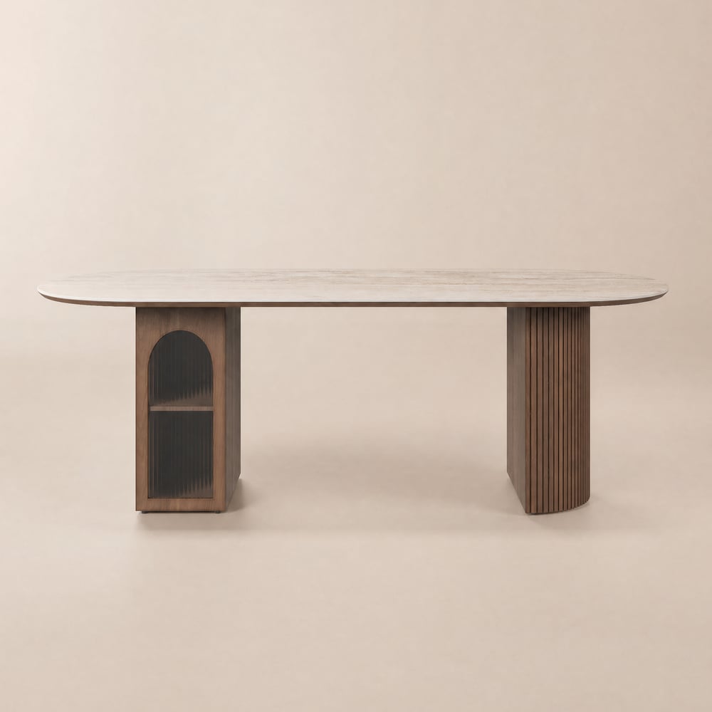 Modern 71" Oval Walnut Faux Travertine Dining Table with Fluted Base & Storage, Seats 6 window image