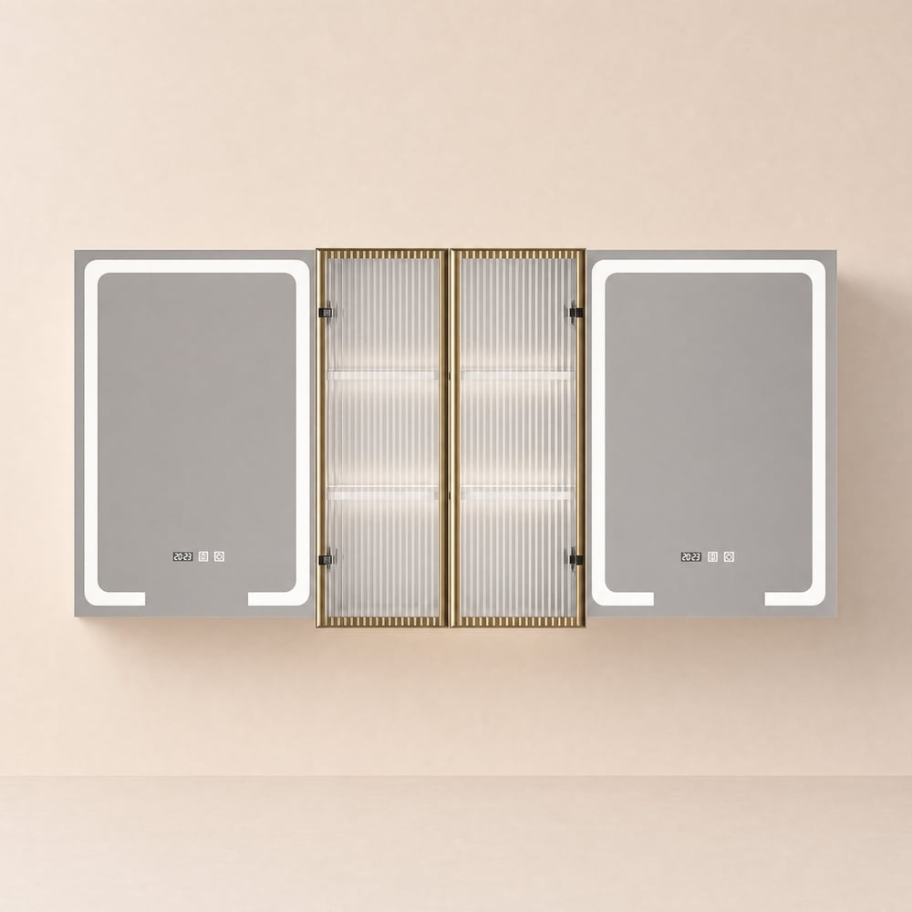 Miroir de salle de bain mural en bois avec portes pour armoire à pharmacie éclairée par LED 1500mm image de fenêtre