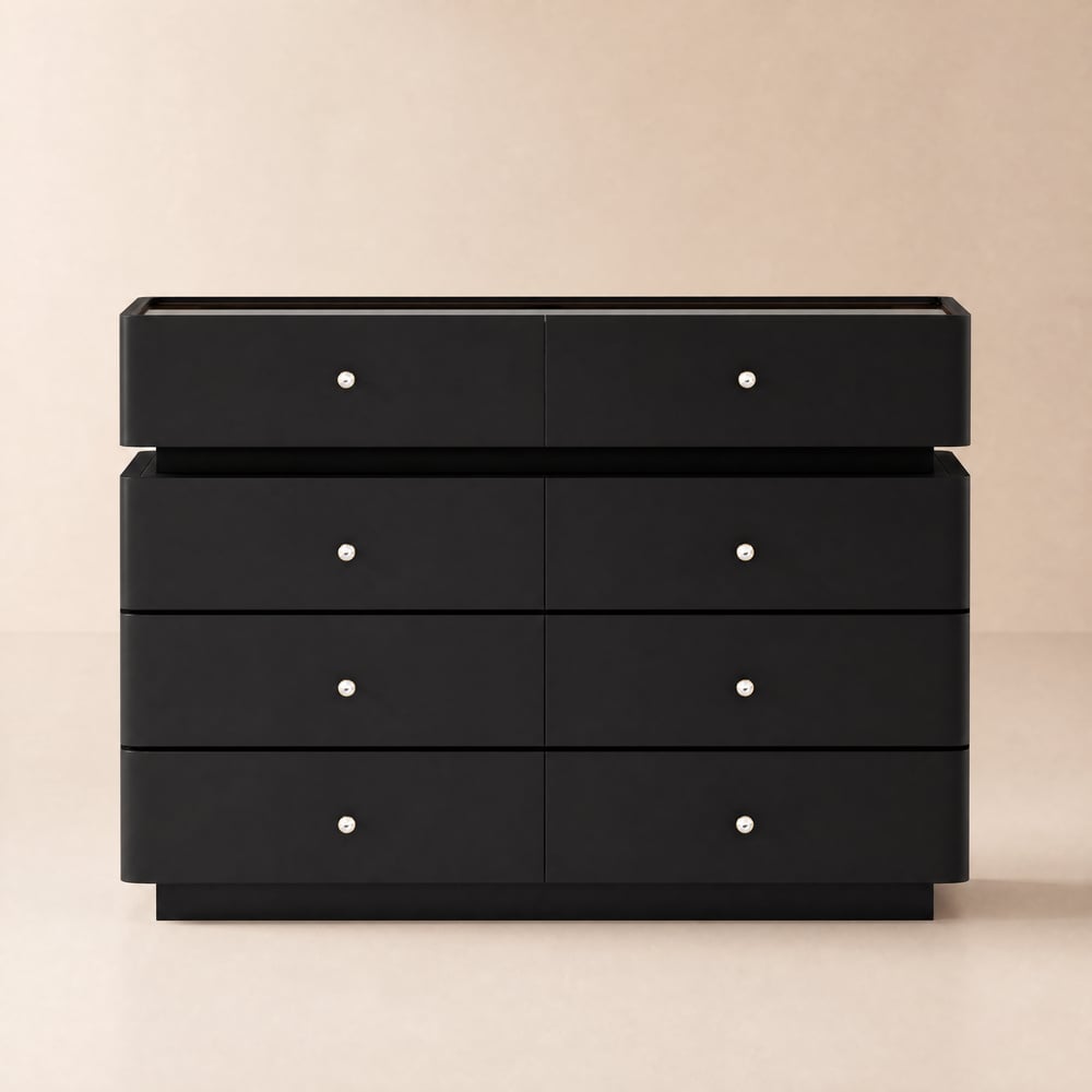 Modern 47" Tempered Glass Top 8-Drawer Black Dresser with LED & Jewelry Trays window image