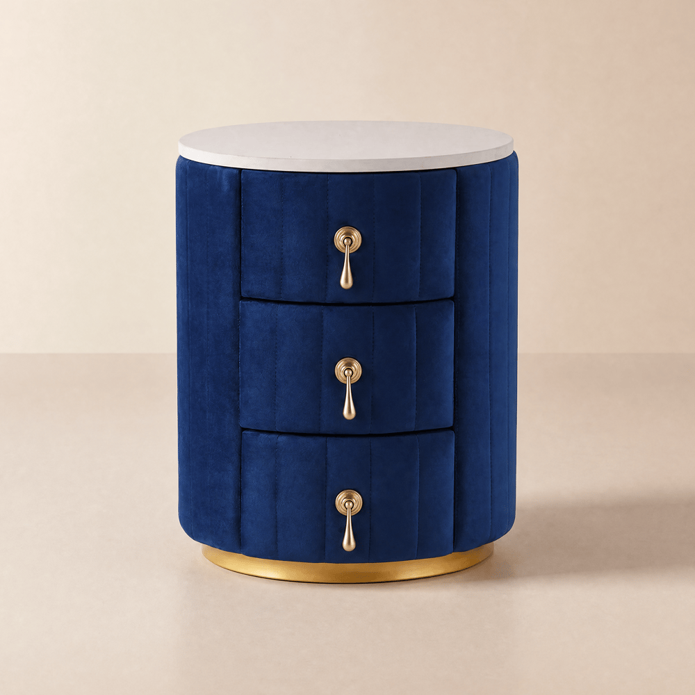 Sintered Stone Top 3-Drawer Round Velvet Nightstand window image