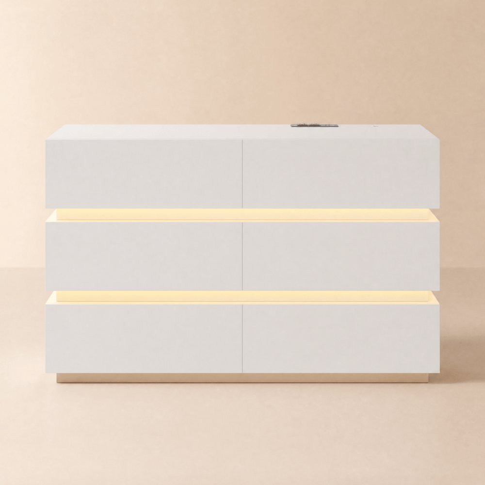 Lumio 120 cm Modern White 6 Drawer LED Dressing Table Chest Bedroom Storage Cabinet window image