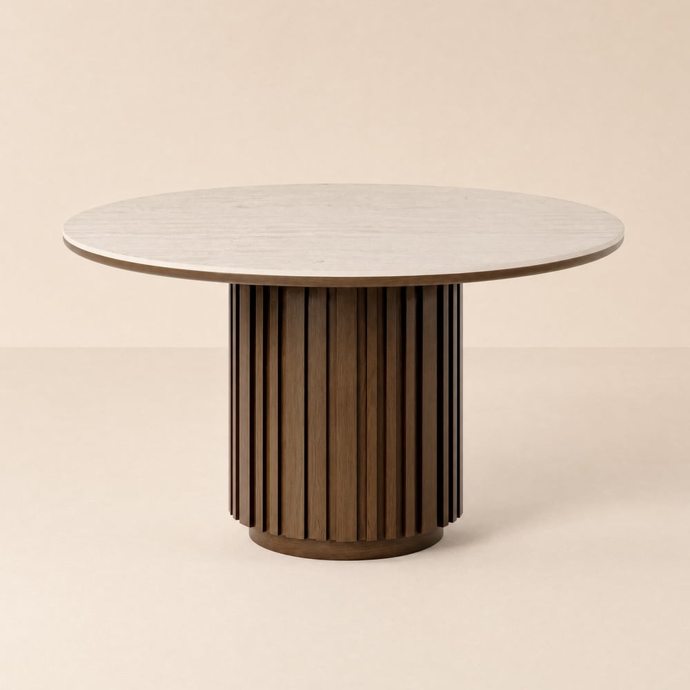 Mesa de jantar redonda Aura 120 cm de pedra sinterizada de travertino com base ripada e luz LED para 4 pessoas Imagem da janela