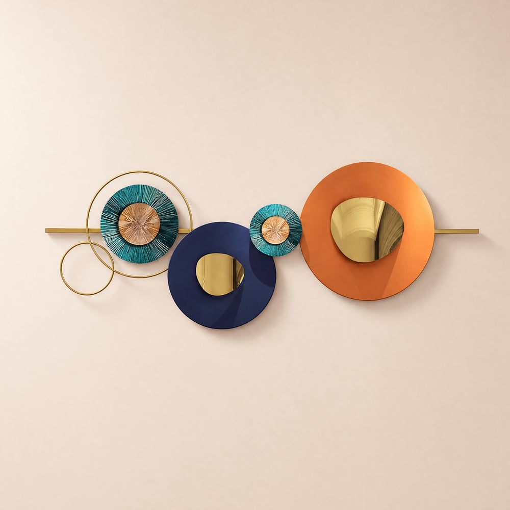 Modern Metal Wall Decor Geometric Round Home Wall Art Orange & Gold & Blue Living Room window image