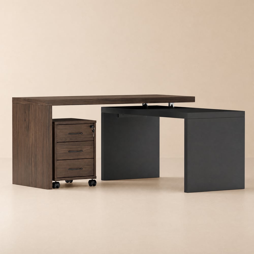 Modern 60" L-Shaped Black & Walnut Executive Desk with Movable File Cabinet window image